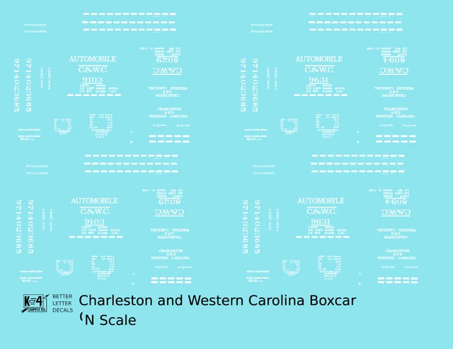K4 N Scale Decals Charleston and Western Carolina 40 Ft Boxcar White