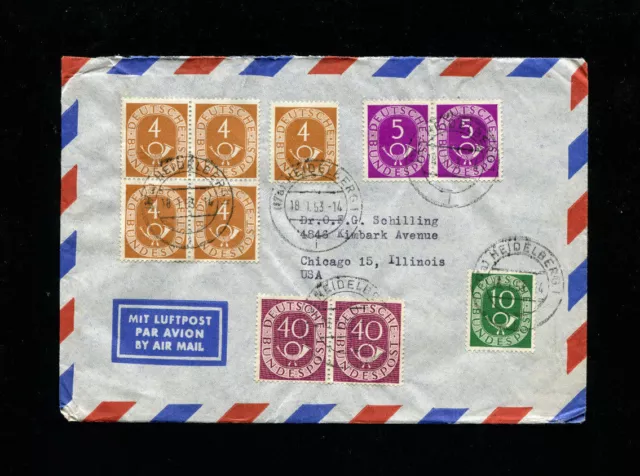 Germany 1951 Posthorn 40 pfg+5pfg + 4pfg X 2  Horiz Pairs  MiF on cover  to USA