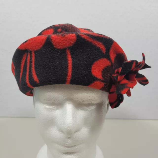 Classic Girl's One Size Hat Fleece Brimmed Flower Decal Lined Red Black Handmade