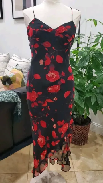 Y2K Blind Date Floral Midi Goth Core /Flamenco Asymmetrical Hem Cocktail Dress M