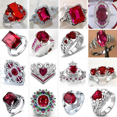 Women Luxury Red Ruby 925 Silver Rings Wedding Bridal Party Jewelry Gift Sz 6-10