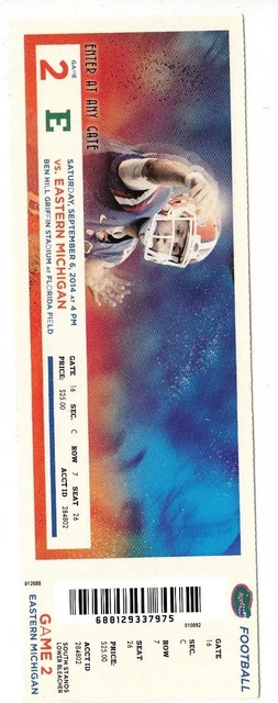 2014 Florida Gators Vs Eastern Michigan Ticket Stub 9/6/14 College Football