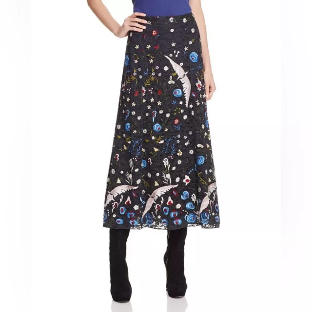 Alice + Olivia Kiera Embroidered Floral Bird Midi Skirt size 4 $605