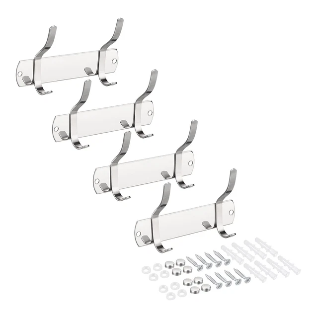 Coat Hook Rack Wall Mounted with 2 Hooks Hook Rail Wall Hangers Silver 4Pcs