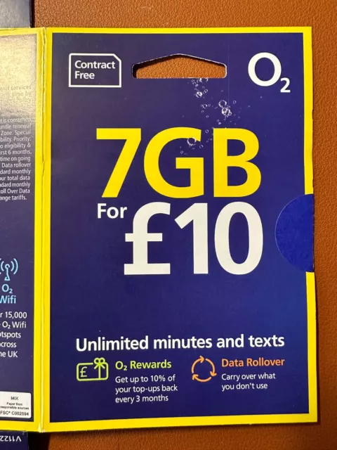 O2 Sim Card £10 Pack 7GB Data Unlimited Calls SMS Pay As You Go Mini Micro Nano