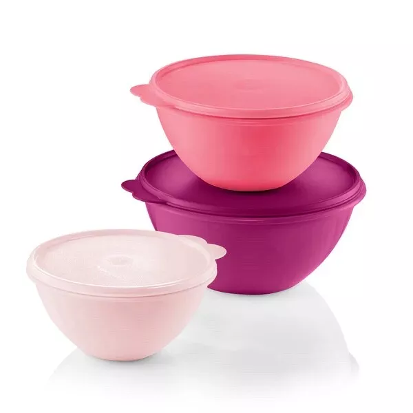 Tupperware 3 x Wonderlier Bowls Vintage Inspired Mixing New Pink Set With Lids