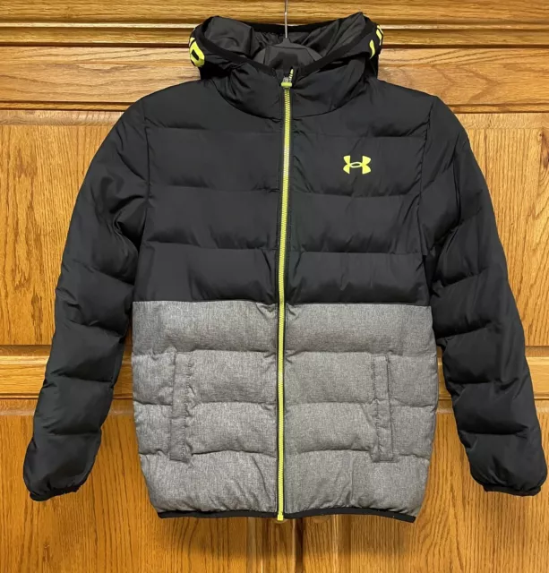 Under Armour Puffer Jacket Youth Boys Medium Black Gray Full Zip Hooded Outdoor