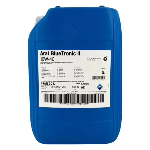 Aral Blue Tronic II 10W-40 20 Liter Kanister MB 229.3 VW 501 01 505 00 Fiat