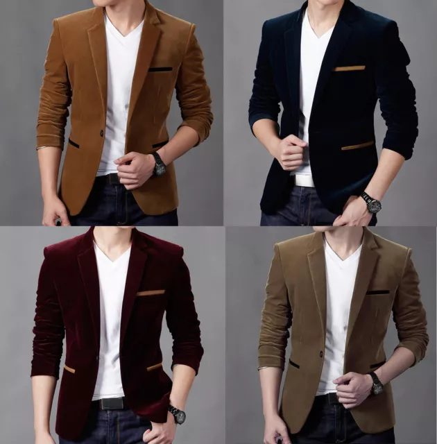 Men's Slim Fit Formal Casual One Button Suit Corduroy Blazer Coat jacket Tops