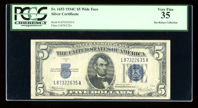 DBR $5 1934-C Silver Fr. 1653W LA Block Wide Face PCGS 35 Serial L87322635A