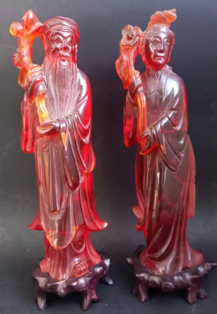 Deux Sculptures Bakelite Chine Chinese Cherry Amber Figure Guanyin