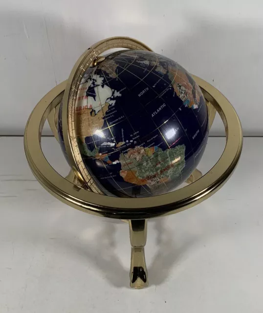 Large Blue Lapis & Gemstone 14” Brass Spinning Globe