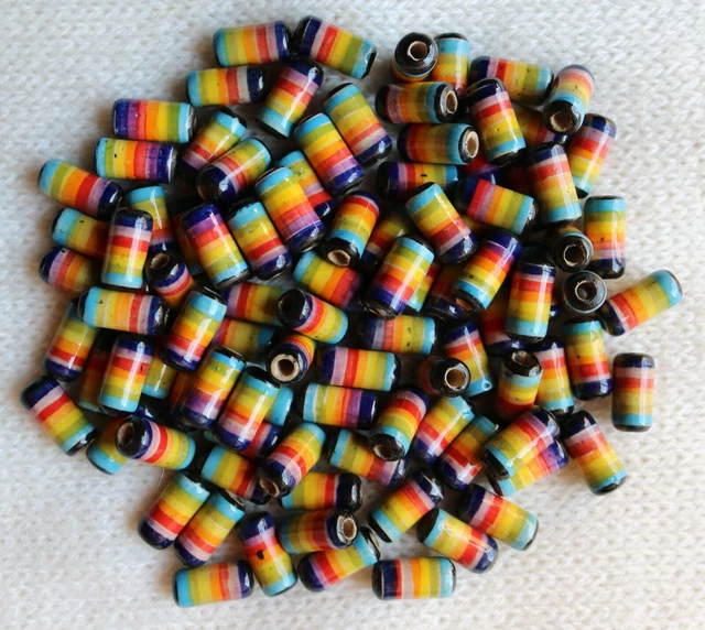 20 Handbemalte Keramik Perlen Peru 16 mm Zylinder Regenbogen Schmuck basteln