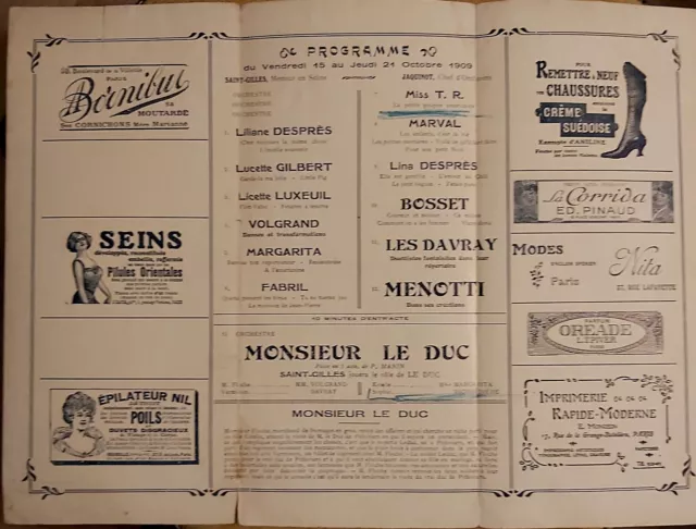 Programme Nouveau Theatre Du 15 Au 21 Octobre 1909 Monsieur Le Duc Saint Gilles 2