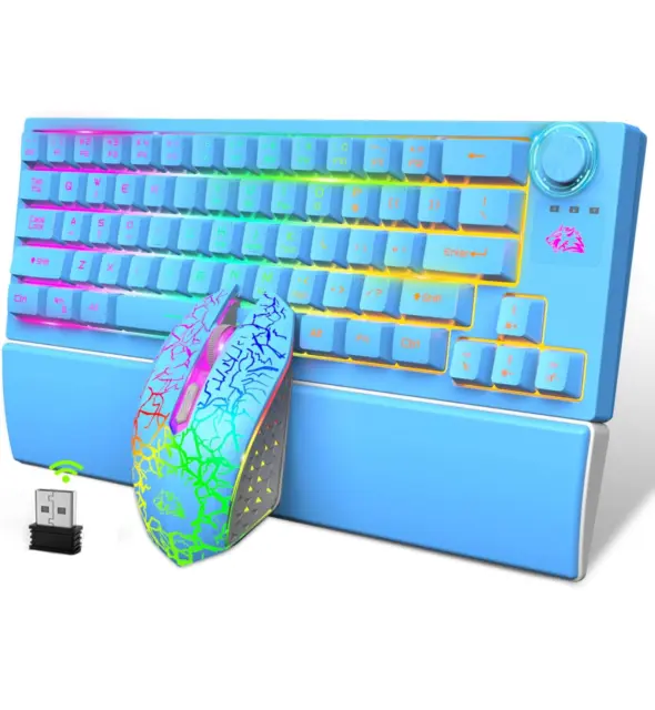 60% Rechargeable Wireless Gaming Keyboard and Mouse Set Rainbow Backlit 64 Keys*
