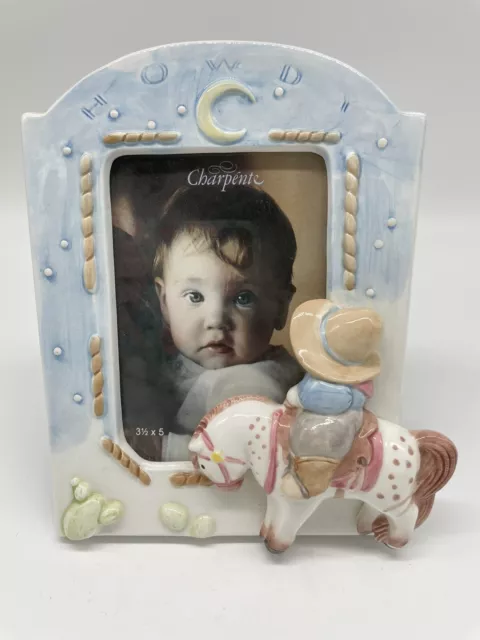 Vintage Charpente Nursery Photo Frame Pastel Cowboy Western Horse Ceramic