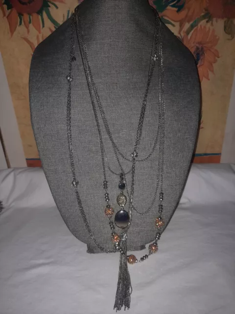 Silver Long Layering Statement 3 Necklaces 1948 Rhinestone Boho Chic Tassel Lot