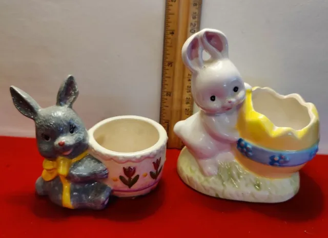 2  Easter Bunny with Basket Ceramic Candle or Egg Holders Different Designs