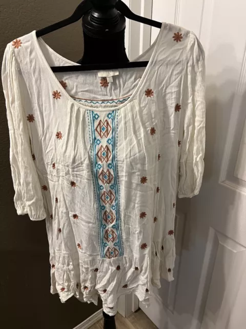 Umgee Womens White Peasant Dress Size Small Embroidered Floral Cottage Boho