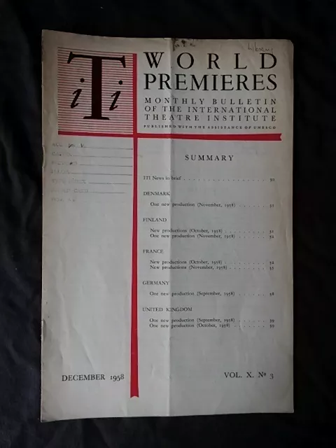 International Theatre Institute World Premier - Dec 1958 Vol 10 #3