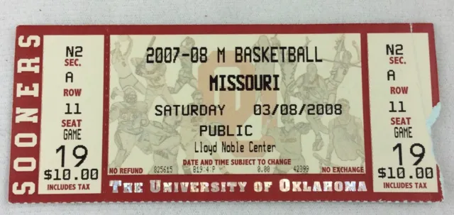 2008 03/08 Missouri Tigers at Oklahoma Sooners Basketball Full Ticket