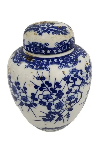Vtg Ginger Urn Jar w/ Lid Cherry Blossoms White &  Blue Porcelain  Marked 6309
