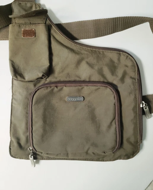 Baggallini Size M Taupe Color Crossbody Swing Purse Bag Blue Lining EUC