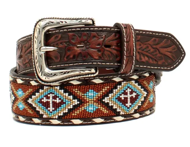 Nocona Western Mens Belt Leather Buck Lace Floral Beaded Inlay Brown N210005532