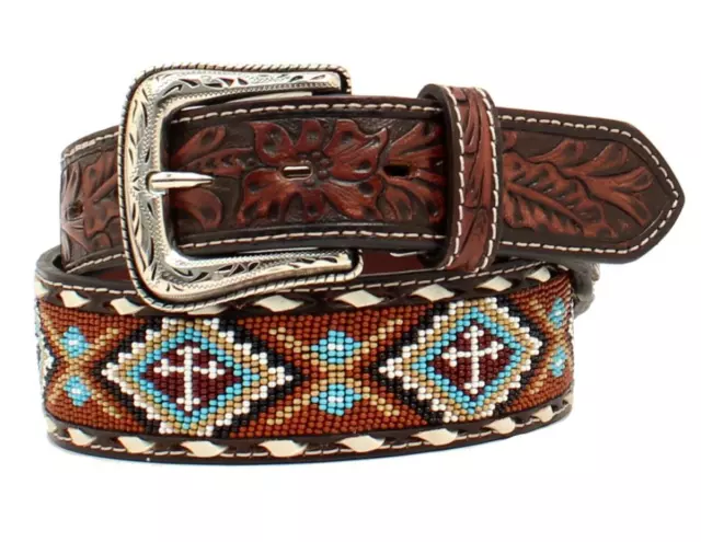 Nocona Western Mens Belt Leather Buck Lace Floral Beaded Inlay Brown N210005532