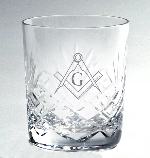 MASONS COMPASS SQUARE WHISKY GLASS Cut Crystal Masonic Gift Satin Box ENGRAVED