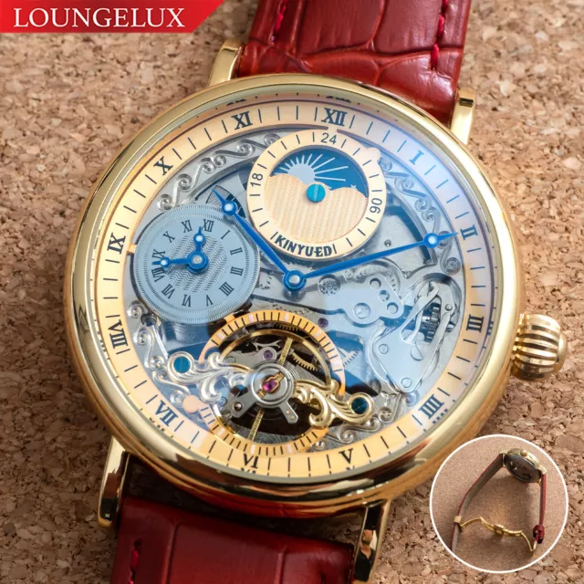 Mens Gold Dual Time Skeleton Automatic Mechanical Watch Red Leather