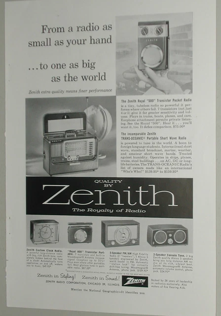 1957 Zenith advertisement for Zenith Trans Oceanic & Transistor Pocket Radio