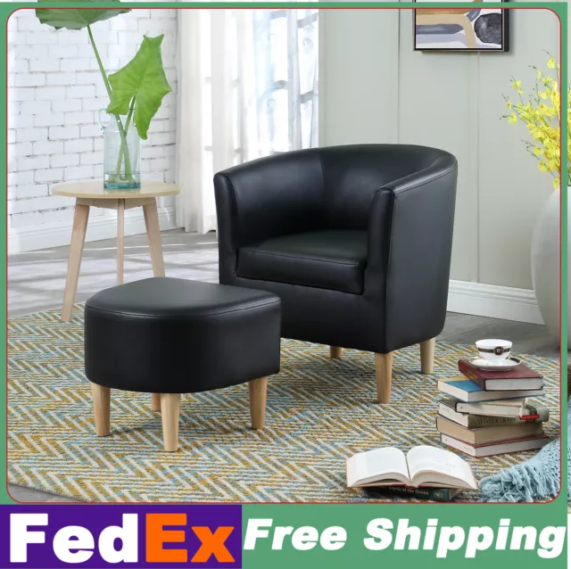 Modern Faux Leather Barrel Couch Armchair & Ottoman, Soft Single Sofa+Footrest