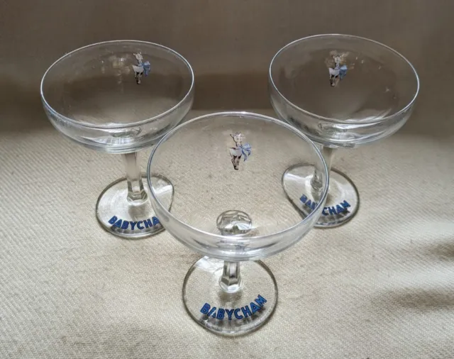 3 x Vintage Babycham Glasses 1950s with Hexagonal Stem and White Fawn.