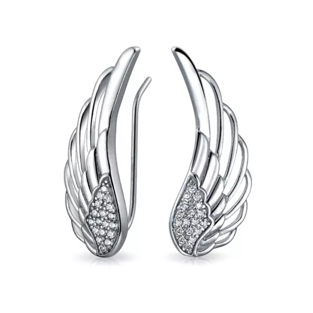 Sterling Silver Crystal Angel Wing Feather Cuff Crawler Climber Earrings