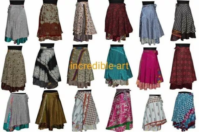 5 Stück Vintage Sari Seide 2 Lagen Magic Wrap Around Lange Röcke Baho Kleid