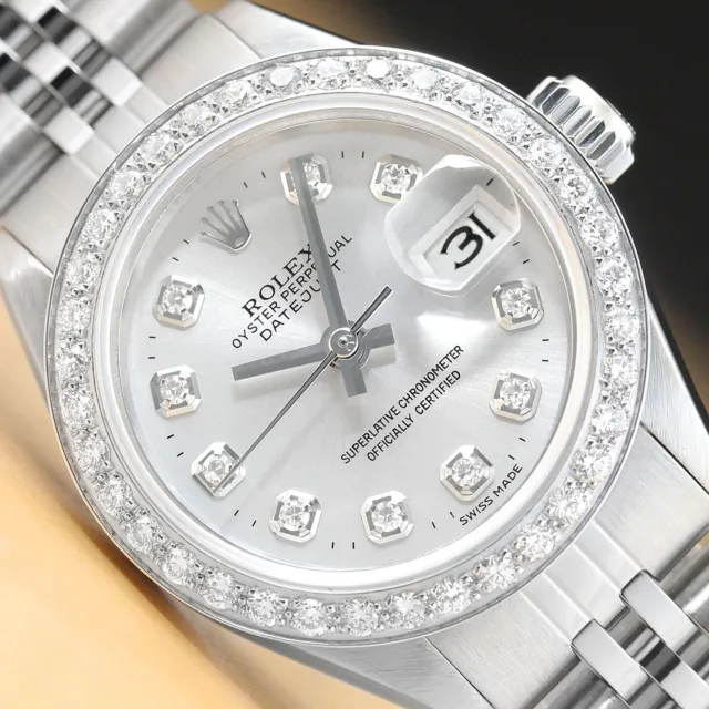 Donna Rolex Datejust Diamante Argento 18K Oro Bianco & Orologio IN Acciaio Inox