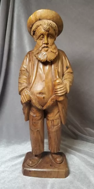 Vintage Large Hand Carved Hard Wood Statue Man with Beard and Bottle 15" Tall