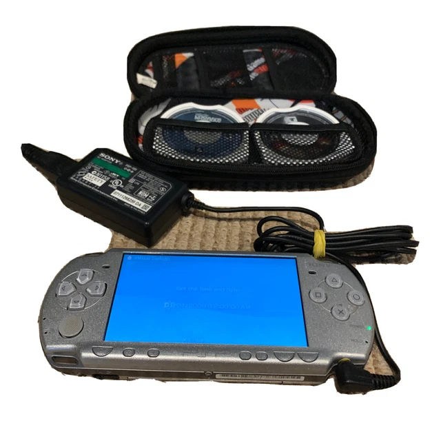 Sony PSP Slim 2001 2000 Silver Handheld Console Tested Charger Case 2 Games Lot