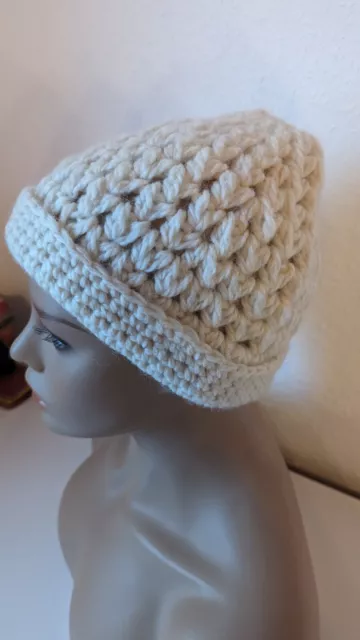 Handmade gehäkelt Mütze Wolle Natürlich Natur Weiß  Frauen 54 cm 2