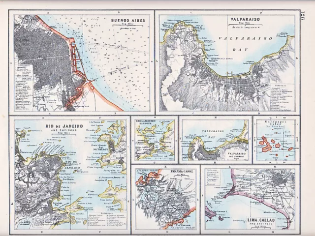 1912 Map ~ Plans Environs Buenos Aires Rio De Janeiro Panama Canal Lima Callao