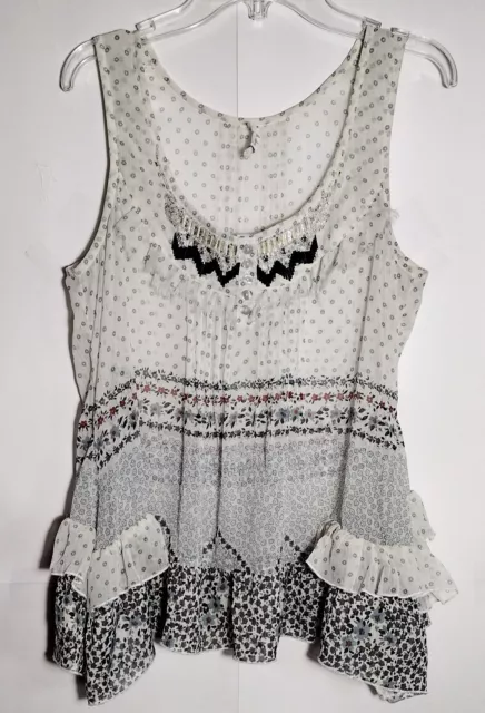 Anthropologie Willow & Clay Women's Size Medium Top Boho Sheer Beaded Ruffle