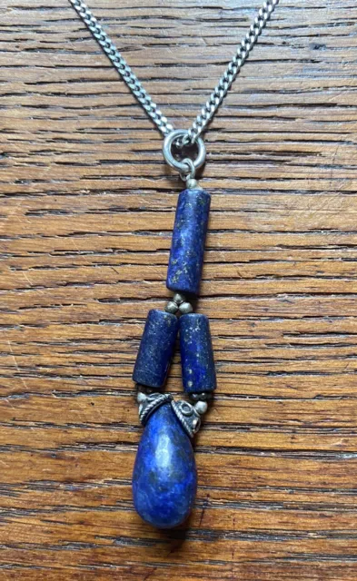 Vintage, Ethnic, Lapis Lazuli Pendant On Italian, Sterling Silver Necklace