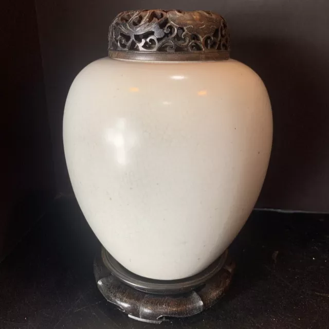 Ant Vtg 19Th C. Chinese White Celadon Porcelain Ginger Jar Lidded Vase Qianlong