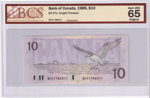 Canada 1989 $10 Ten Dollar Banknote Knight - Thiessen BCS Graded Gem UNC 65