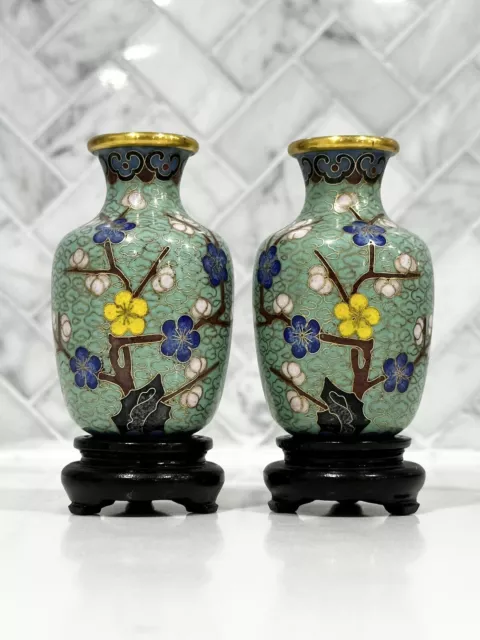 Pair Antique Miniature Chinese Enamel Cloisonne Vases