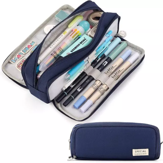 Large Capacity Pencil Case 3 Compartment Pouch Pen Bag for School Teen Girl Boy