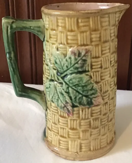 Antique Majolica Yellow Green Basket Weave 6"  Cream Pitcher / Vase