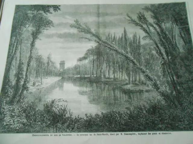 1861 engraving - Bois de Vincennes the new lake of Saint Mandé