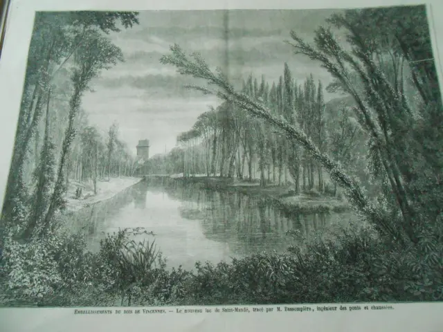 Gravure 1861 - Bois de Vincennes le nouveau lac de Saint Mandé
